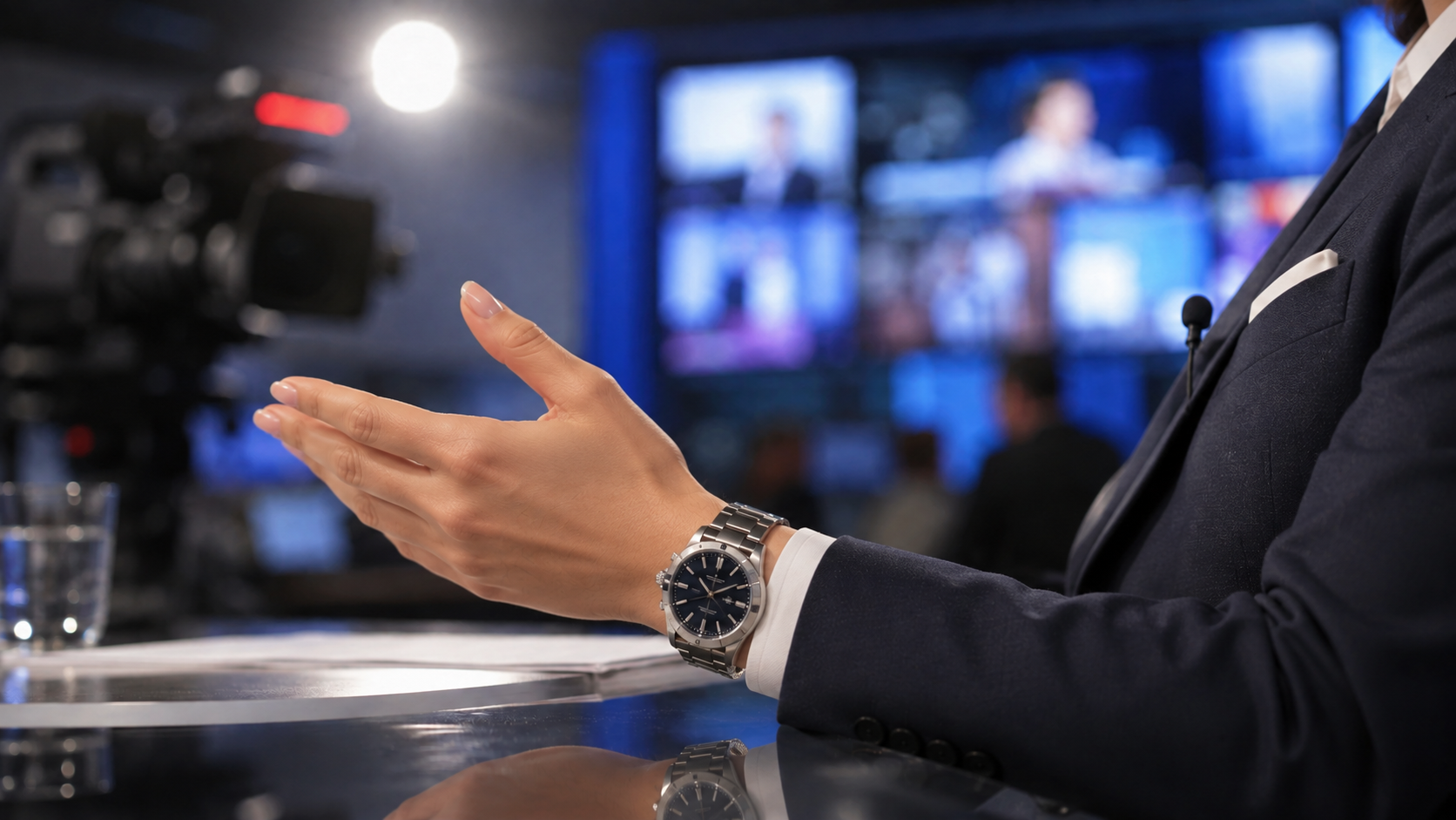 Presenter in a television studio wearing a wristwatch