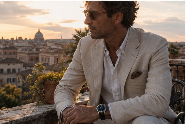 A man wearing the Regent Automatic 1952 on a terrace